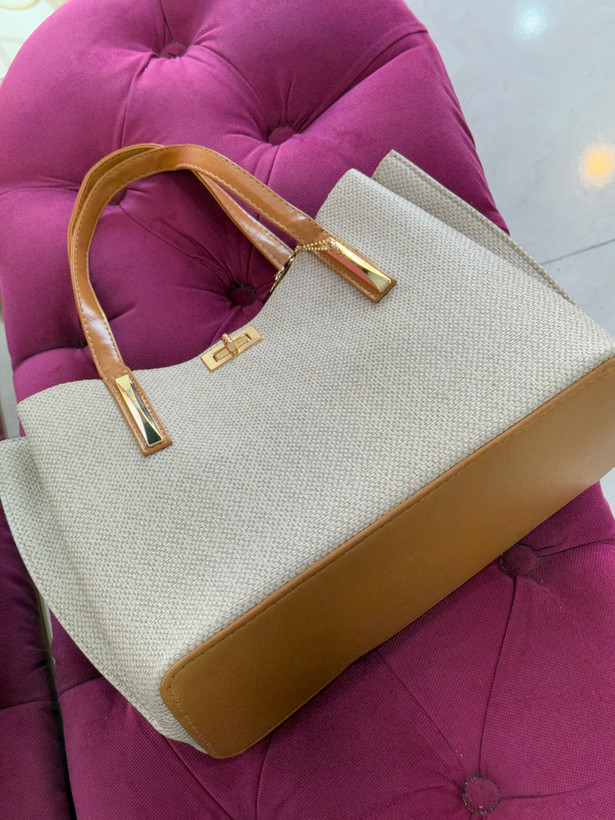 کیف دستی بژ بافتدار شیک با دسته چرمی – کد 422